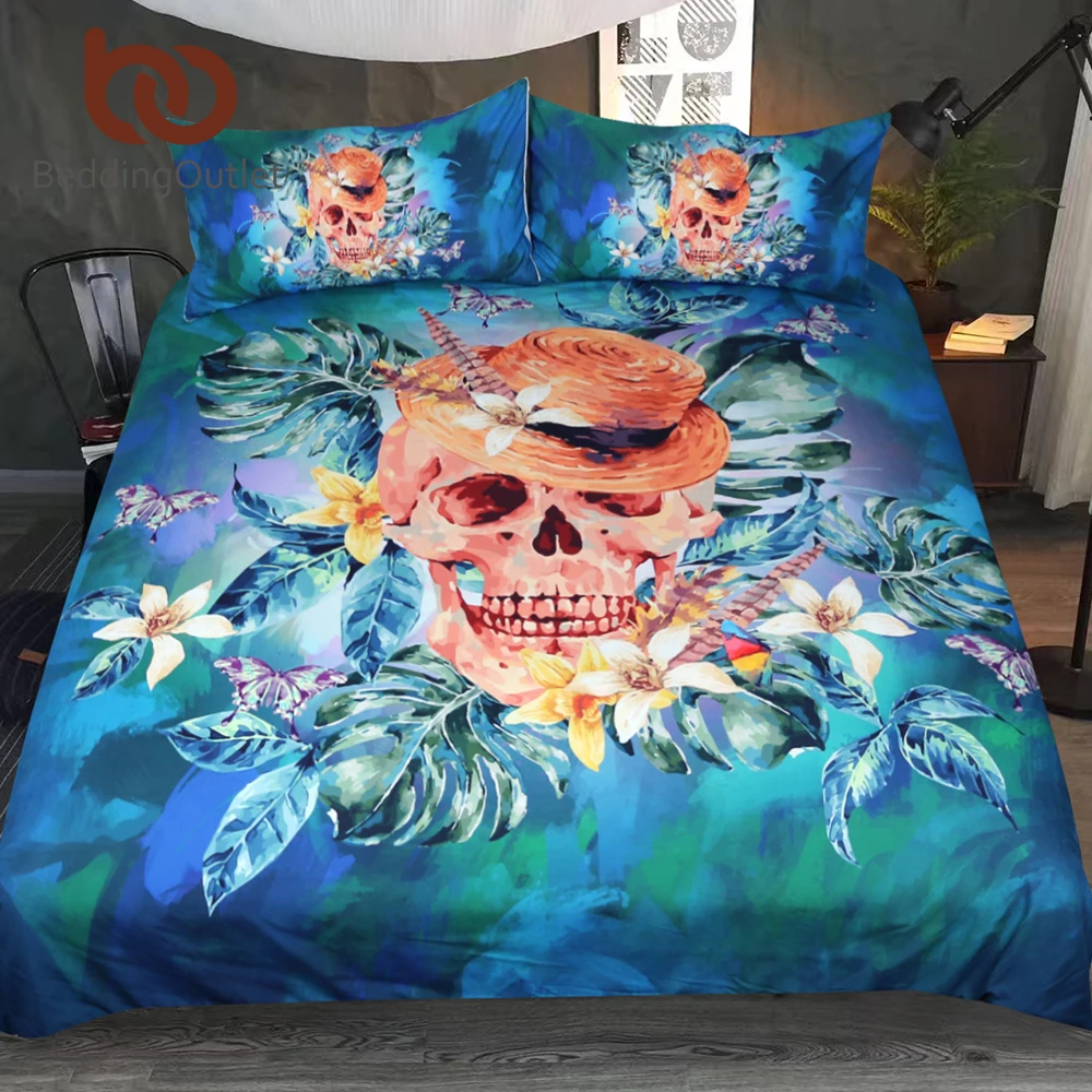 

BeddingOutlet Floral Bedding Set Cool Skull With Hat Duvet Cover Blue Green Bedclothes 3-Piece Queen Watercolor Home Textiles