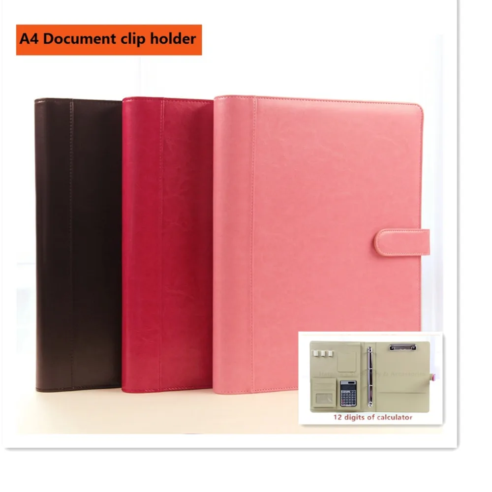 A4 classical leather manager folder document file holder with clip solid button calculator