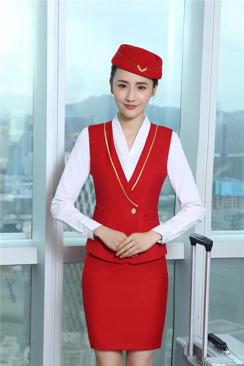 Office Ladies Formal Elegant Red 3 Piece Sets With Vest Coat and Skirt