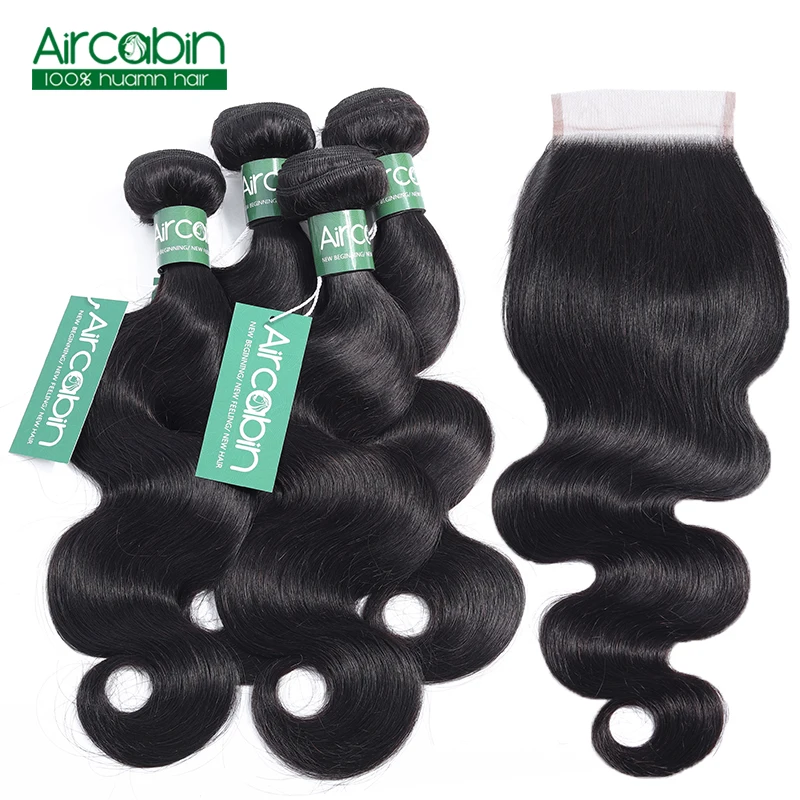 

Brazilian Water Wave Human Hair Bundles With 4*4 Lace Closure Non Remy Human Hair 4Pcs Middle Free Three Closure AirCabin Hair