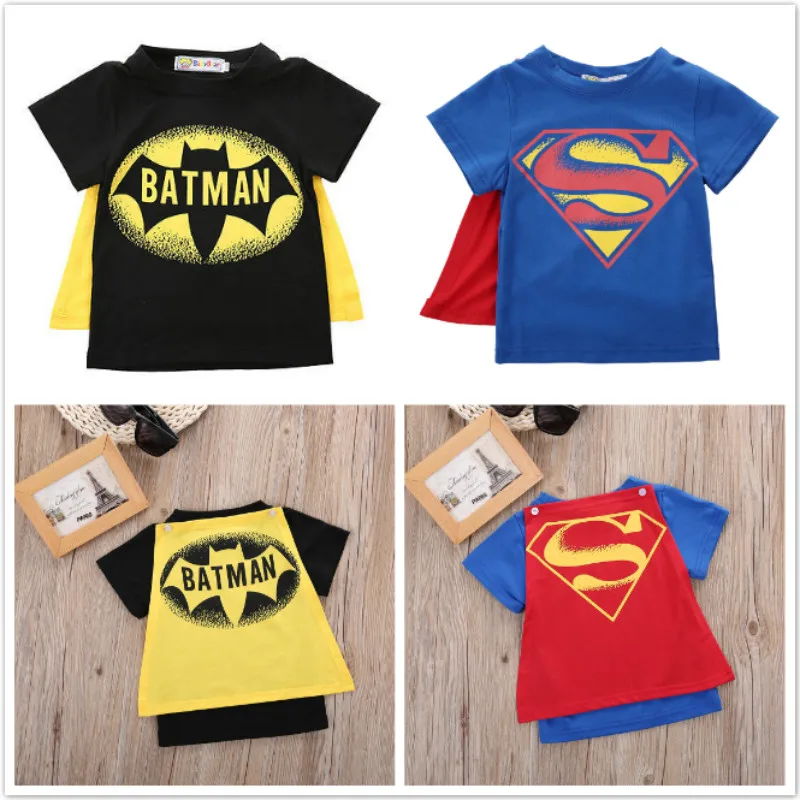 Black Batman Blue Superman Cape Boys T Shirts Baby Boys Clothes Kids Toddler Boys Short Sleeve