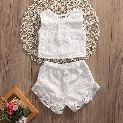 

Cute Girls Kids Summer Outfits Clothes White Lace Crochet Vest Tops Shorts Briefs Set Clothes Back Bandage Clothing 2-7Y