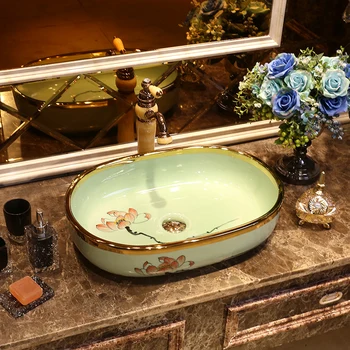 

Ceramic Washbasin Lotus Art Household oval green ceramic Wash basin bathroom sink