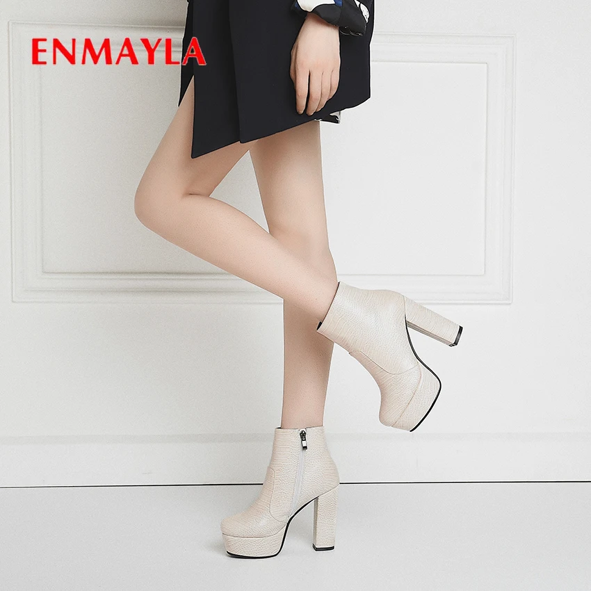 

ENMAYLA Microfiber Super High Women Boots Winter Zip Round Toe Square Heel Fur Boots Poly Urethane Leather Women Rubber Boots
