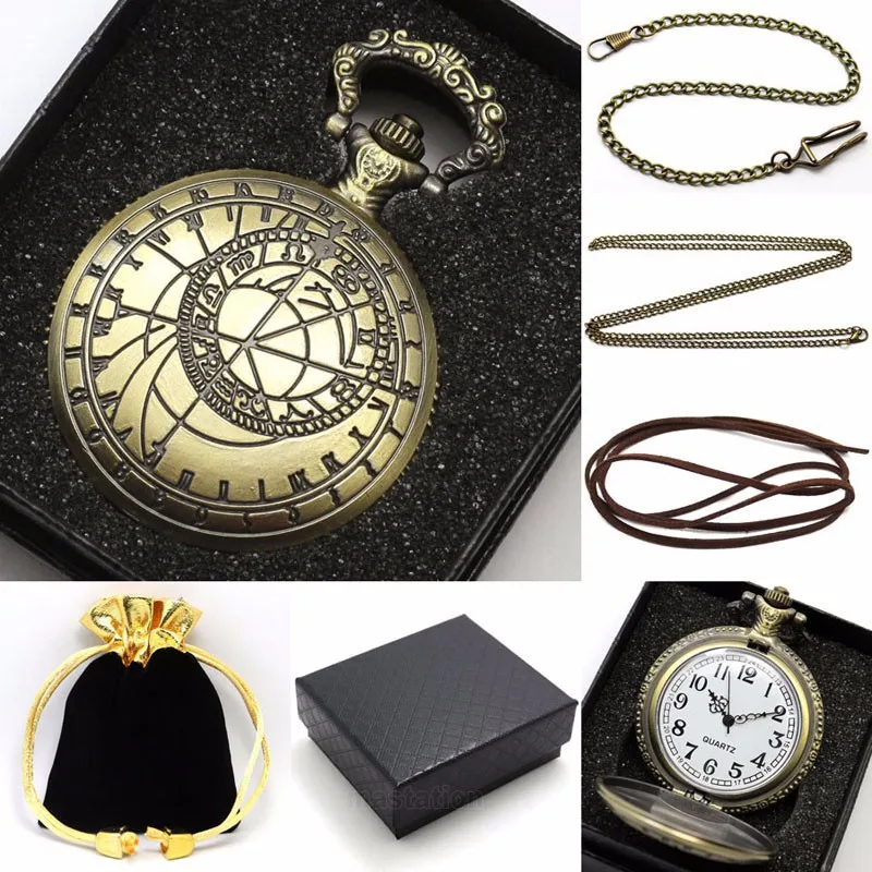 Бронзовая Pattern компас кварц карманные часы из металла Цепочки и ожерелья кожа цепь окно мешок Relogio де Bolso P208CKWB