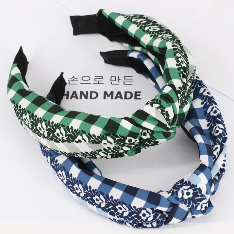 4pcs/lot Plaid With Little Flowers Headbands For Girls Checked Stretchy