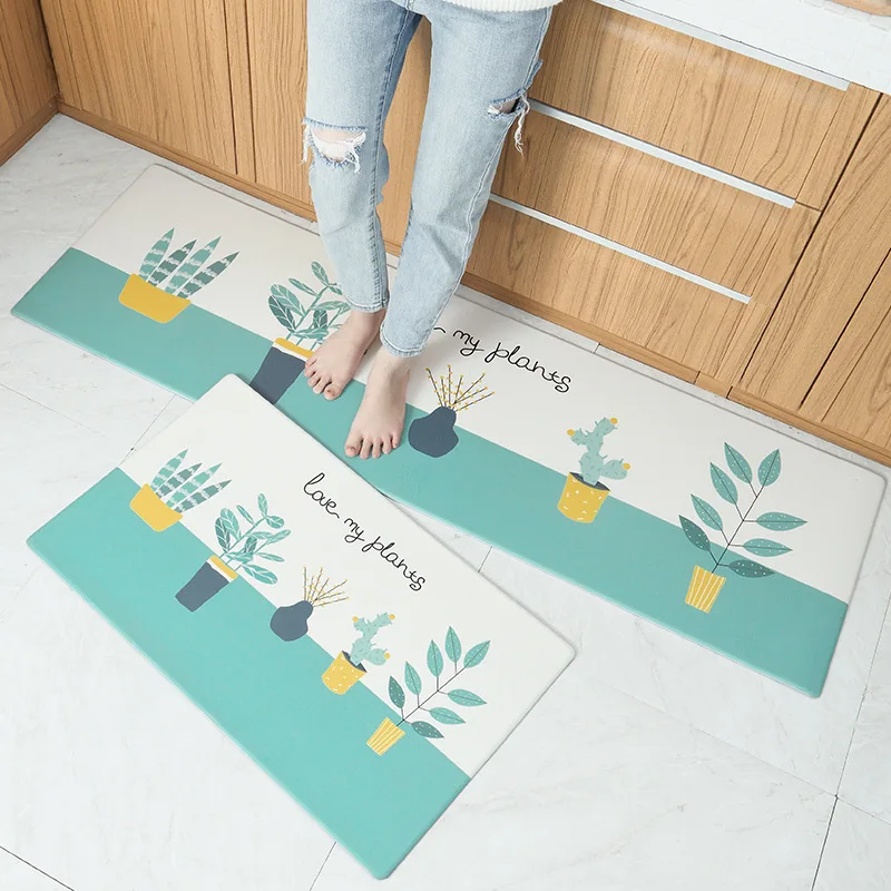 Long Kitchen Mat Bath Carpet Printing Mats PVC Leather Anti Slip Bottom Mat Waterproof Mat for Home Kitchen Oil-Proof Floor Mat