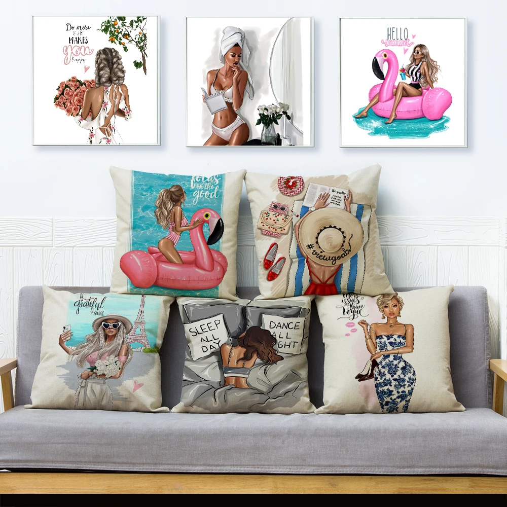 

Fashion Sexy Girl Cute Cartoon Lady Cushion Cover Line Pillowcase Decor Print for Sofa Home Car Pillow Case Pillows Covers