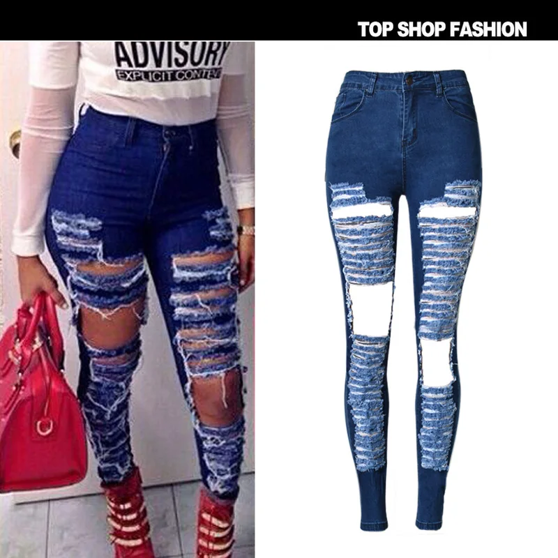 Mujer Rock pantalones rotos moda 2016 Sexy talle alto Skinny Jeans mujer azul apenado Boyfriend Jeans Denim pantalones pump|jean beltwomens silver jeans - AliExpress