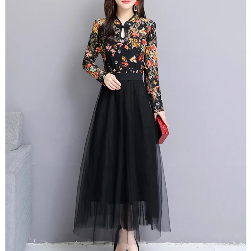 

2019summer new long-sleeved ethnic style improved lace print dress female large size M-4XL high quality self-cultivationvestidos