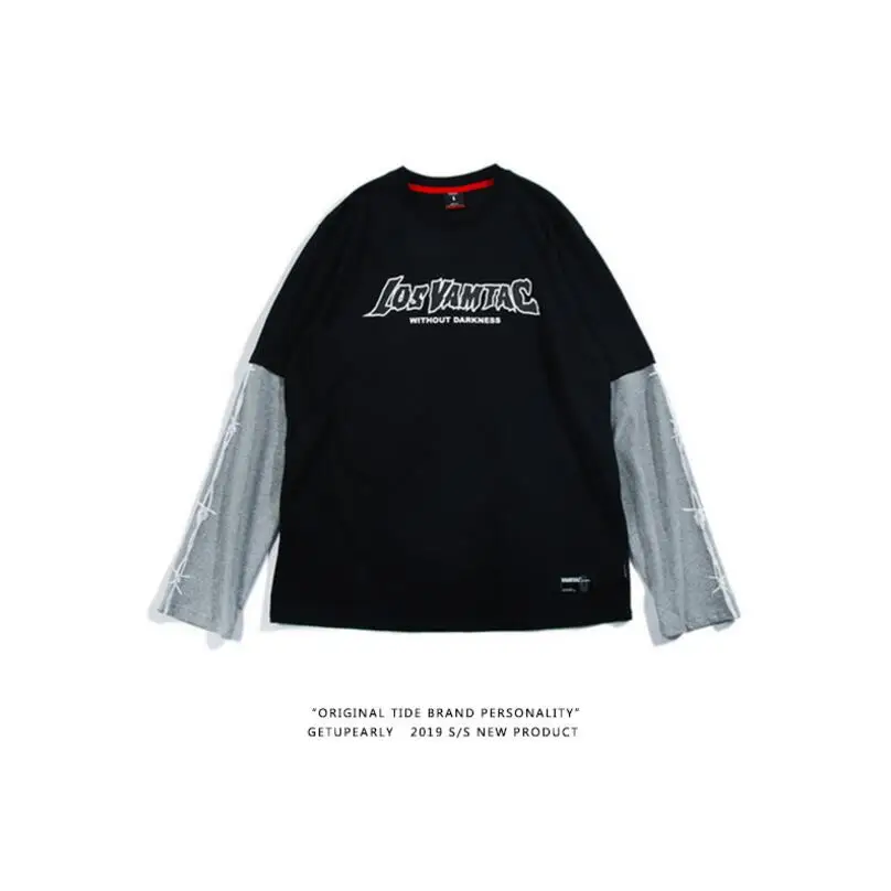 

European trend brand 2019 Men Fashion autumn Letter T shirt Printed Splicing fake two pieces Loose large size casual T-shirt Top