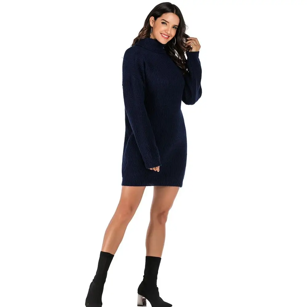 Wixra Solid Knitted Dresses Women Long Sleeve High Street Turtleneck Short Dresses 2019 Autumn Winter New