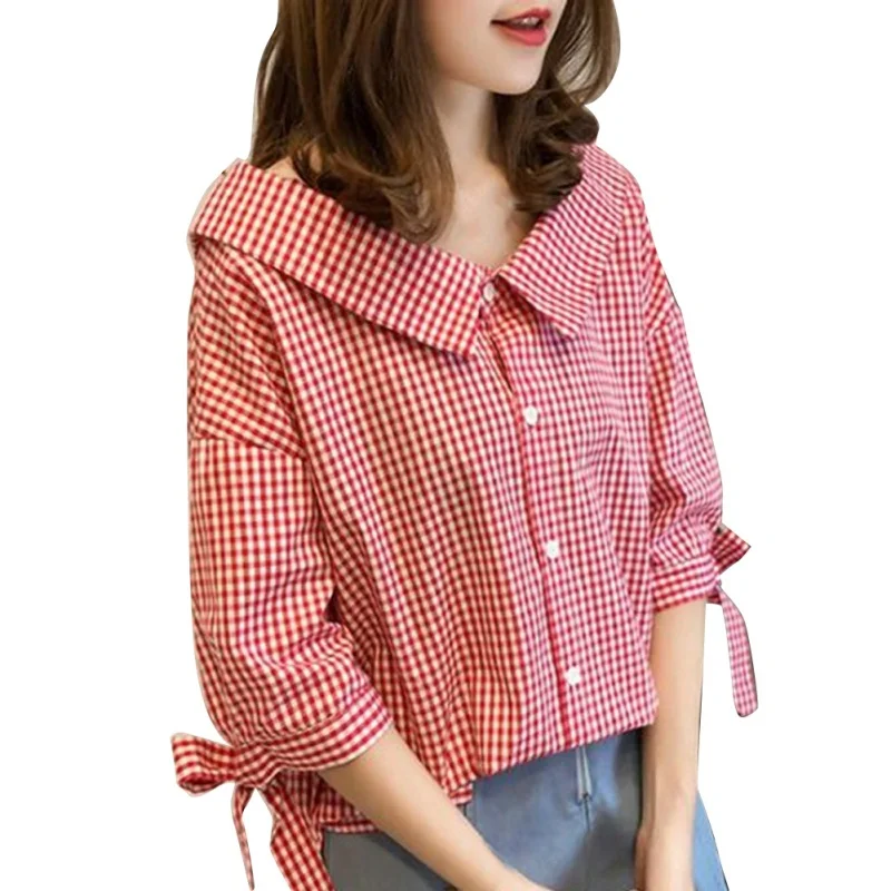 

Women Doll Collar Single-Breasted Seven-point Sleeve Stitching Plaid Print Loose Shirt Versatile Blouse F2