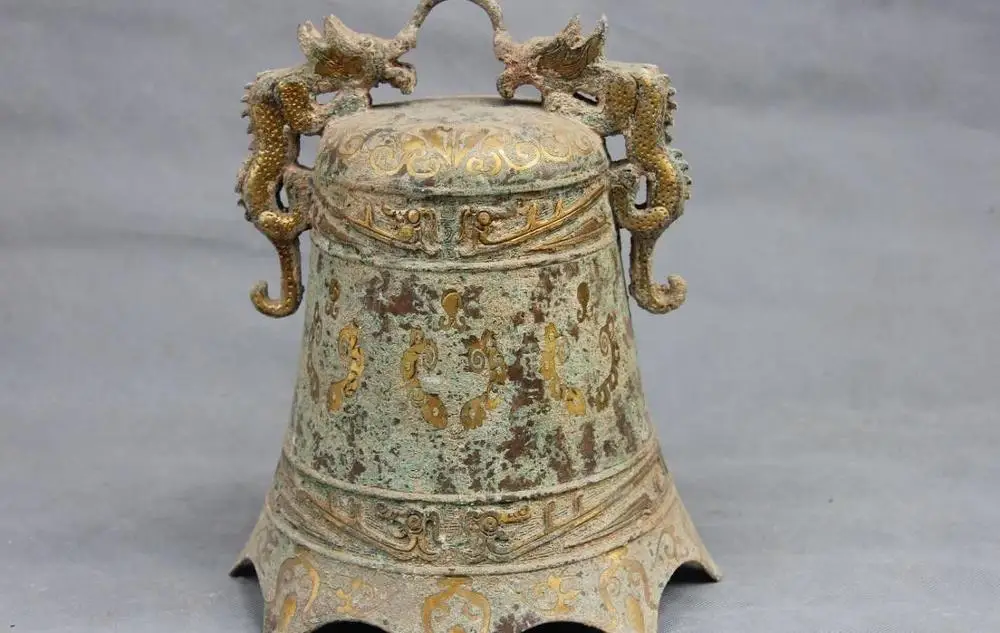 

China Folk Collect Buddhism Temple Old copper Bronze gilt Dragon Ancient bell