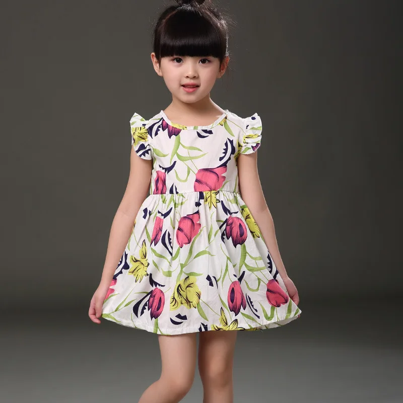 

Summer Children Dress Kids Girls Clothes Cotton Ruffles Sleeve Floral Print Girl Dress Fashion Tulip Kids Dress 2016