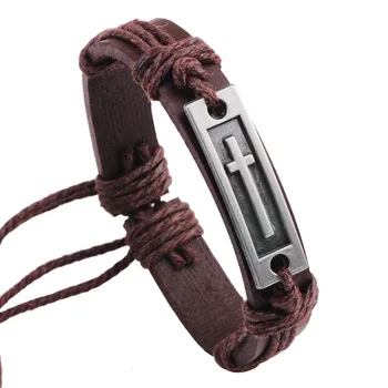 

100 PCS/Lot New Fashion Men Jewelry Vintage Leather Metal Cross Bracelet Adjustable Brown Black
