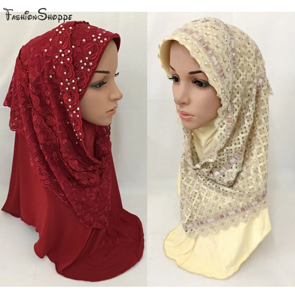 Мусульманский Исламский кружевной хиджаб с вышивкой эластичный шарф женщина Amira Шапка красивая дрель с цветком# ML670