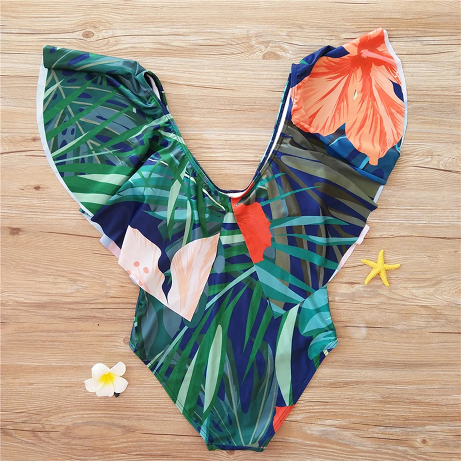 2018 High Waist Swimsuit Sexy Bikinis Women One-piece Swimwear Off The Shoulder Ruffle Vintage Bikini Set Palm Leaf Bathing Suits 6
