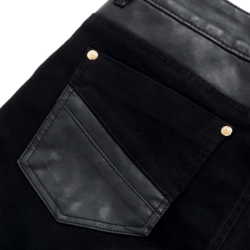 Новинка года, модные штаны в стиле панк на пуговицах, дизайн в обтяжку, из искусственной кожи, в стиле пэчворк, черные мужские обтягивающие мужские джинсы, джинсы homme PK6-12