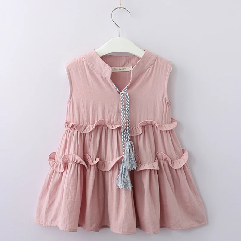 Bear leader/платья для девочек коллекция года, летнее джинсовое платье для девочек летние хлопковые платья с короткими рукавами и открытыми плечами, с узелками, для детей возрастом от 3 до 7 лет - Цвет: az1575 pink