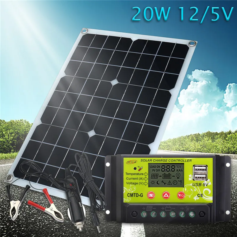 

20W 12V/5V Solar Panel USB Charger For Phone Lighting RV Car Boat Voiture Bateau +12/24V Solar Controller LCD Graphic Symbol