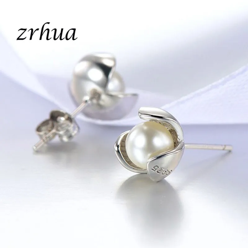 Женские серьги гвоздики с жемчугом Серьги серебряного цвета цветком и в