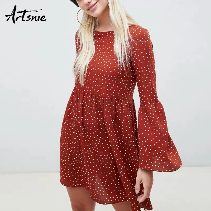 

Artsnie Dot Print Spring 2019 Casual Beach Short Dress Women Red O Neck Flare Sleeve High Waist Sexy Party Dresses Vestidos