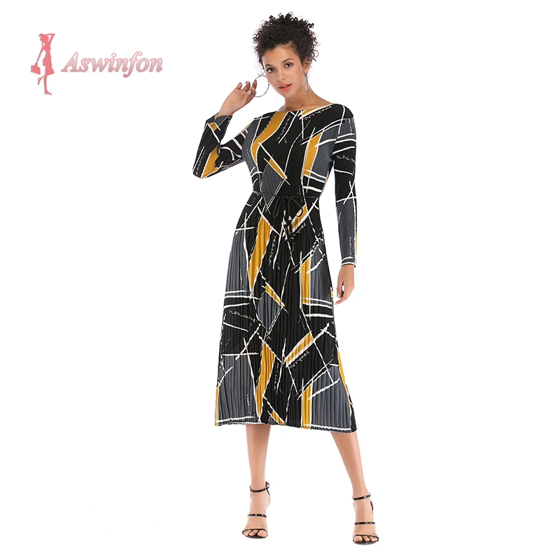 

Aswinfon Geometric Midi Dress Women Long Sleeve Pleated Dresse Chiffon Printed A-line Vintage Dress with Fluid Hem