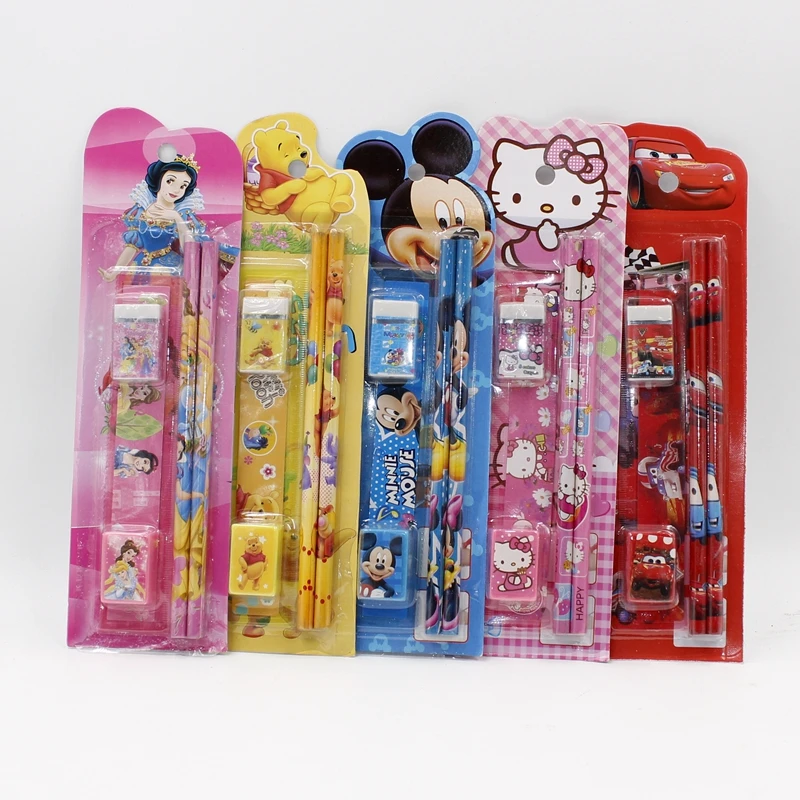 

cheap Cartoon Kawaii notebook Pencil Ruler Earser Sharpener 5In 1 Stationery Set For Boy Girls Kids Gift School prizes