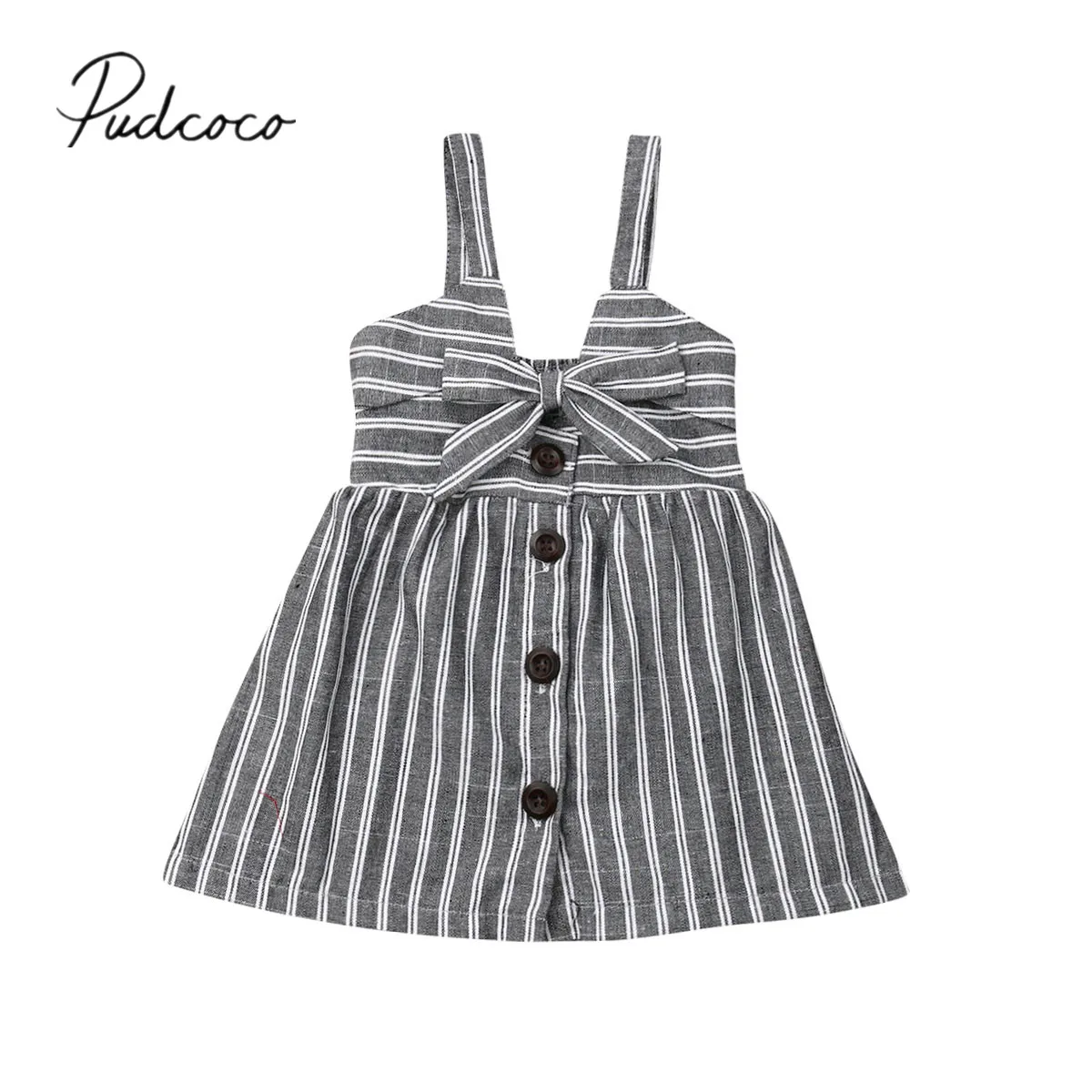 

2019 Baby Summer Clothing Toddler Kids Baby Girls Striped Dress Sleeveless Bow Button A-Line Dress Princess Party Holiday Dress