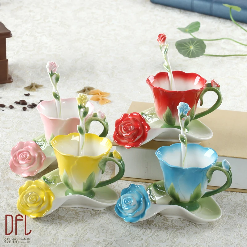 Enamel 3D Rose Coffee Mug Set With Spoon Saucer Creative ...