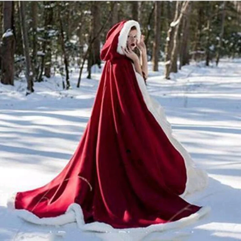 Warm Girl Winter Wedding Cloak Cape Hooded with Fur Trim Long Bridal Winter 