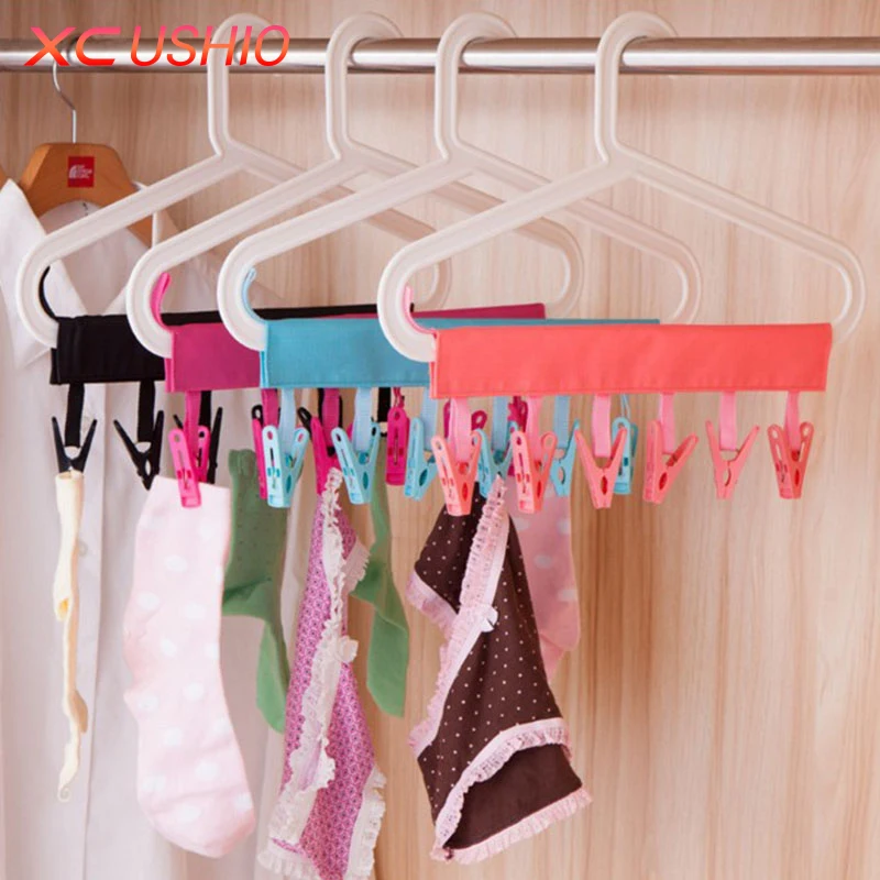 

Portable Bra Underwear Socks Hanger Drying Rack Folding Bathroom Rack Travel Clothespin 6 Clip Hanger Towel Rag Hanger Clip