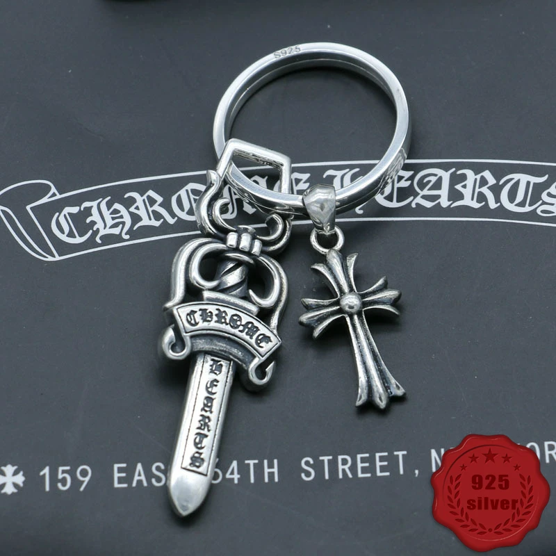 

S925 sterling silver key chain personality fashion punk style accessories cross holy sword styling jewelry 2019 new hot sale