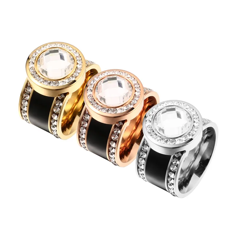 Модные кольца из нержавеющей стали с фианитами золотого цвета, роскошные кольца с кристаллами для женщин, черные кольца для помолвки, обручальные кольца