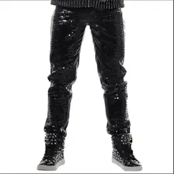 28-40 мужские черные блестками Повседневное кожаные штаны Rock Slim панк Мотобрюки ночной клуб бар DJ этап певица костюмы Одежда для представлений
