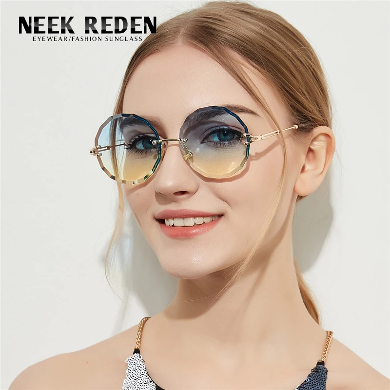

Trend 2019 Retro Transparent Glasses Round Sunglasses Women Rimless Metal Frame Sun Glass Vintage Diamond Cutting Eyeglasses