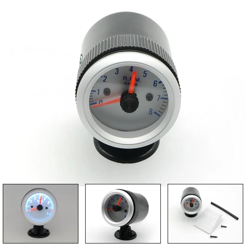

2" 52mm Universal Car Black Analog Tachometer RPM Meter Gauge 0-8000RPM LED Light Silver Face 4 6 8 Cylinders
