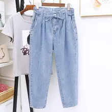 Винтажные Женские джинсовые штаны-шаровары размера плюс 5XL, женские свободные джинсы с высокой талией, повседневные уличные джинсы на шнуровке