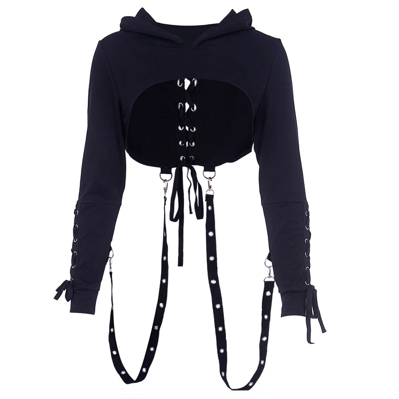 InstaHot готический стиль с капюшоном со шнуровкой сзади толстовки Женский бандаж длинный рукав, дизайн блузка сексуальные, панк кроп топы, пуловер, Топ
