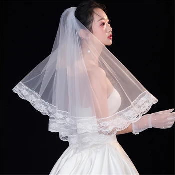 

Shortr White Ivory Elbow Vintage Wedding Veils Two Layers Lace Edge Bridal Veil with Comb Bride accesorios velos de novia 2019