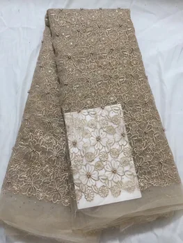 

2019 Latest French Laces Fabrics High Quality Tulle African beads Lace Fabric For Wedding Nigerian Gold Tulle Lace Material