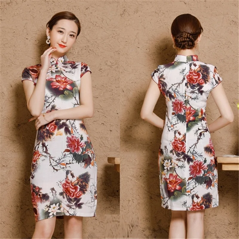 Women Linen Cotton Shanghai Plus Size Cheongsam Qipao Dresses XXXL 4XL 5XL Summer Short Chinese Traditional Printing Elegant  (3)