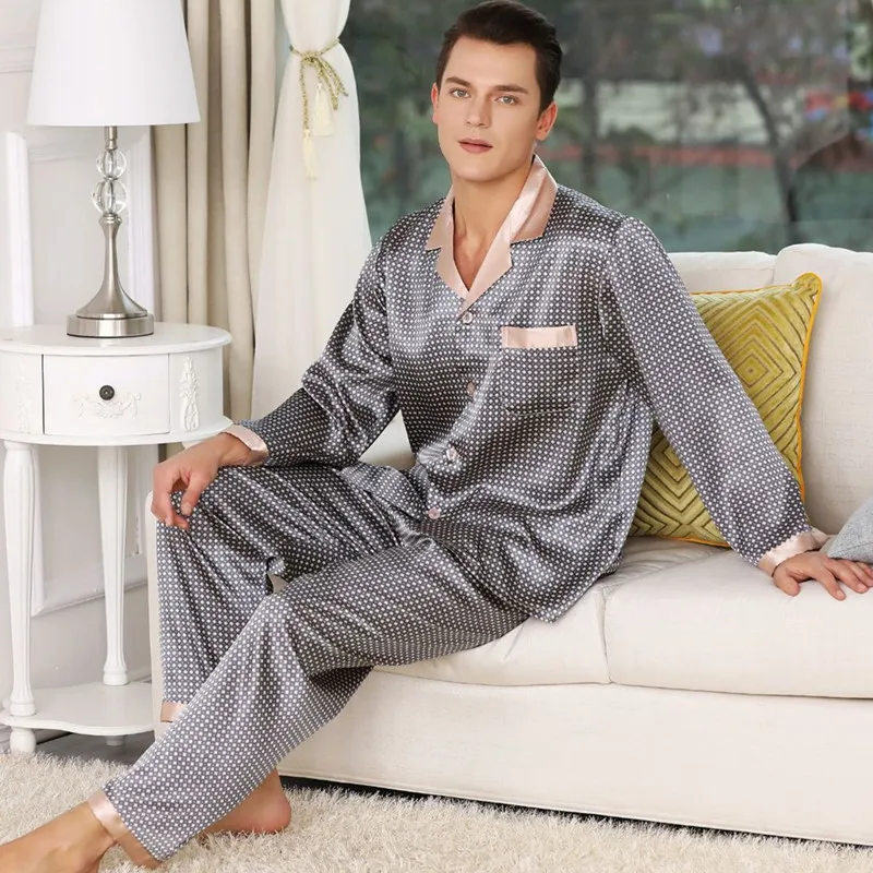 Шелковые пижамы для мужчин с длинными рукавами, набор пижам с принтом, мужское удобное пальто+ штаны с эластичной резинкой на талии, Новое поступление, роскошное ночное белье, костюм - Цвет: 7