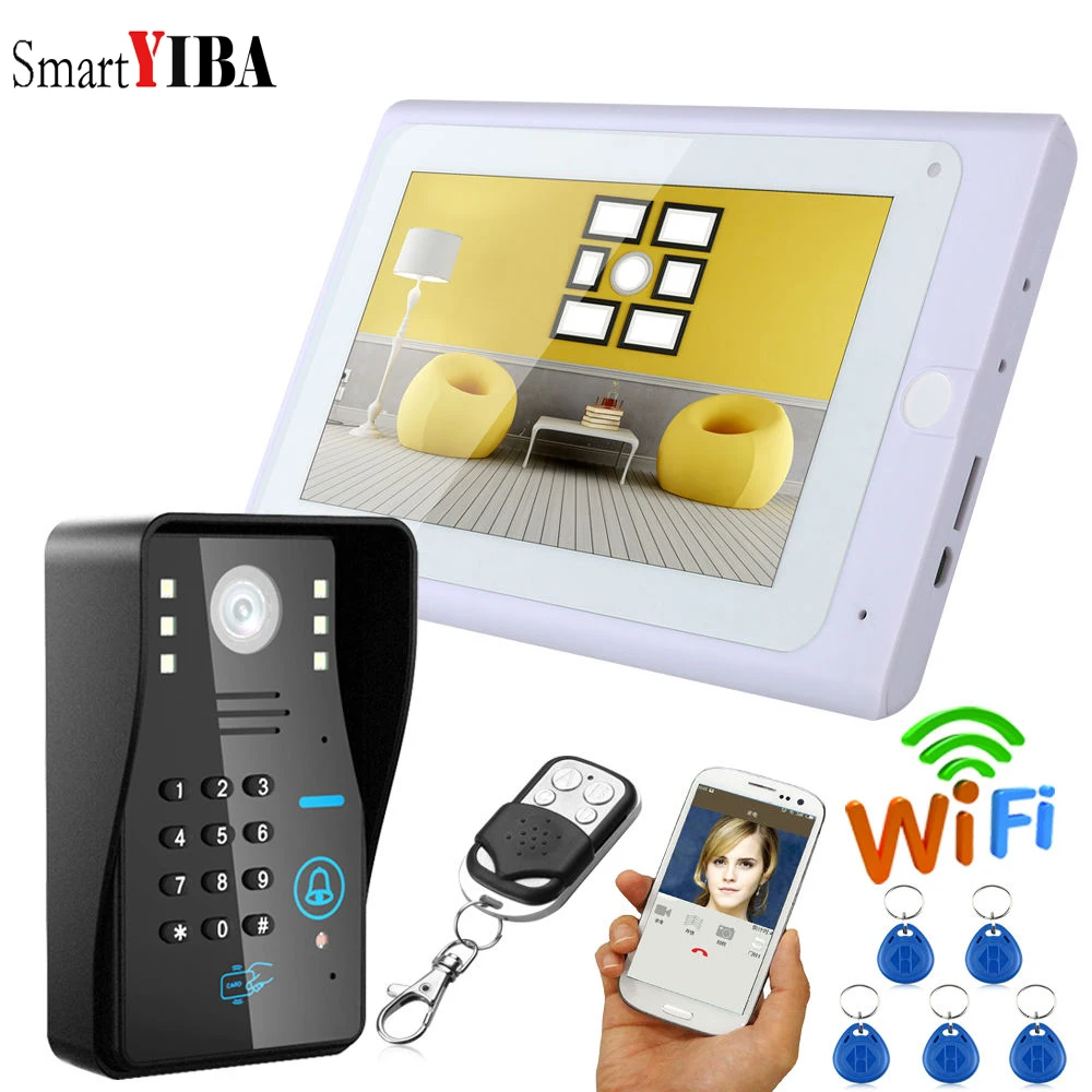 SmartYIBA видео ip-интерком WI-FI приложение Remote Управление 7-дюймовый видеовызова с монитором пароль устройство чтения RFID проводной видеодомофон
