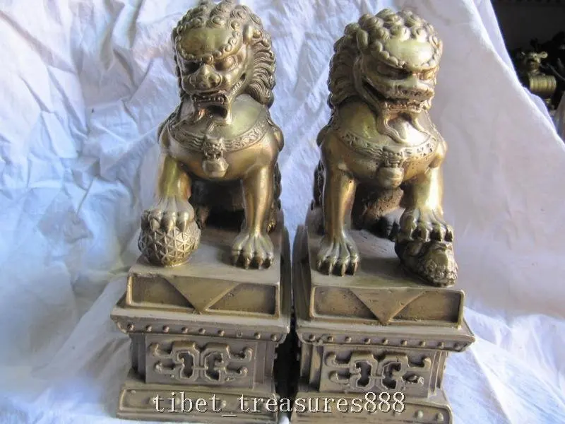 

pure brass lucky avoid evil spirits beast kylin fu foo dog guard statue pair (A0314)