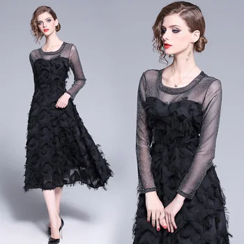 

womens woman cute Designer party midi dress mesh long sleeves Tassels slim runway black A-line Casual Cocktail dresses ball gown