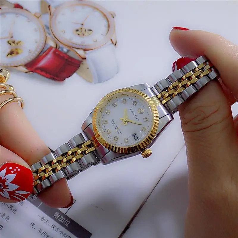 Мода, кварцевые часы Реджинальд, мужские, женские, для влюбленных, роскошные, золотые, рифленые, с бриллиантовым циферблатом, полностью из нержавеющей стали, светящиеся часы - Цвет: Steel Lady Size