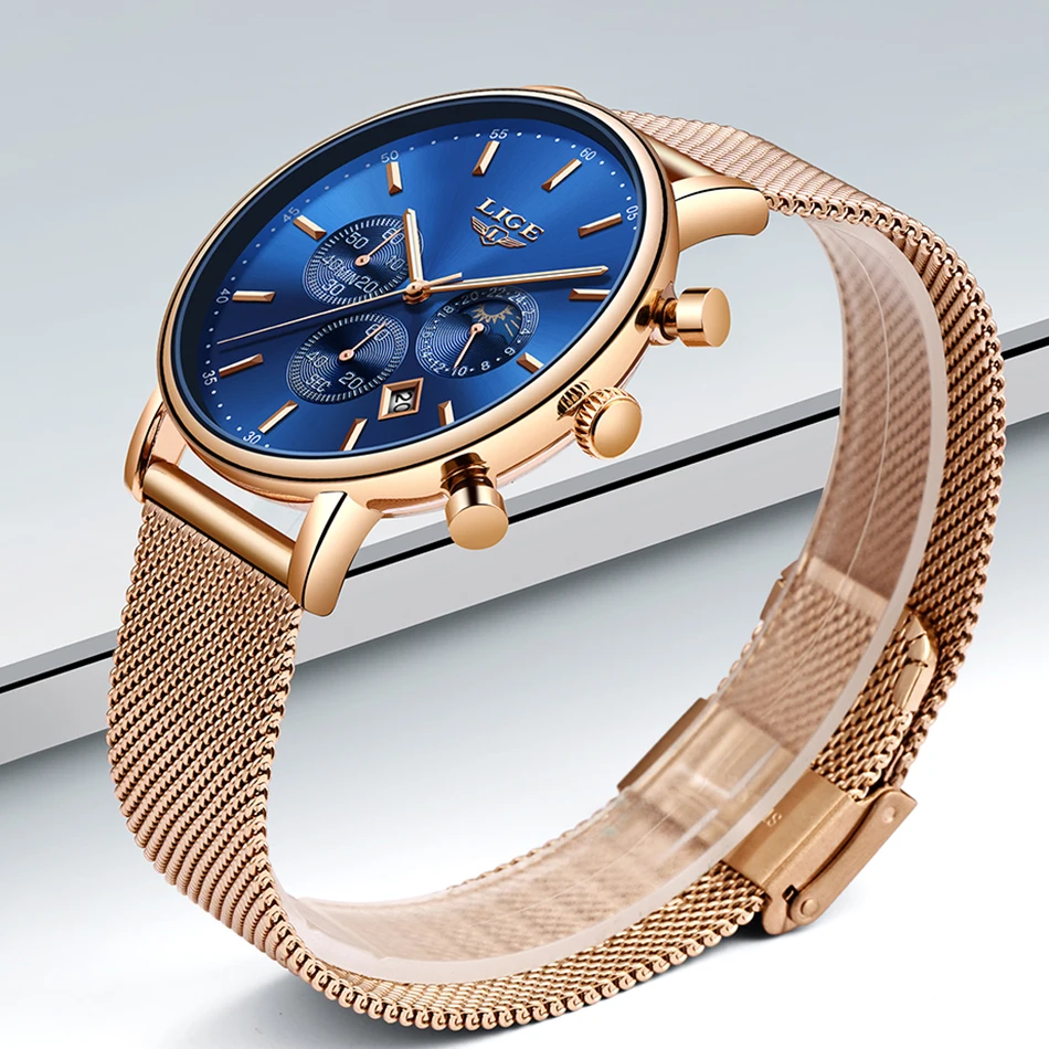 LIGE, женские модные кварцевые часы золотистого и синего цвета, женские сетчатые часы для часов, высокое качество, повседневные водонепроницаемые наручные часы, женские часы с фазой Луны