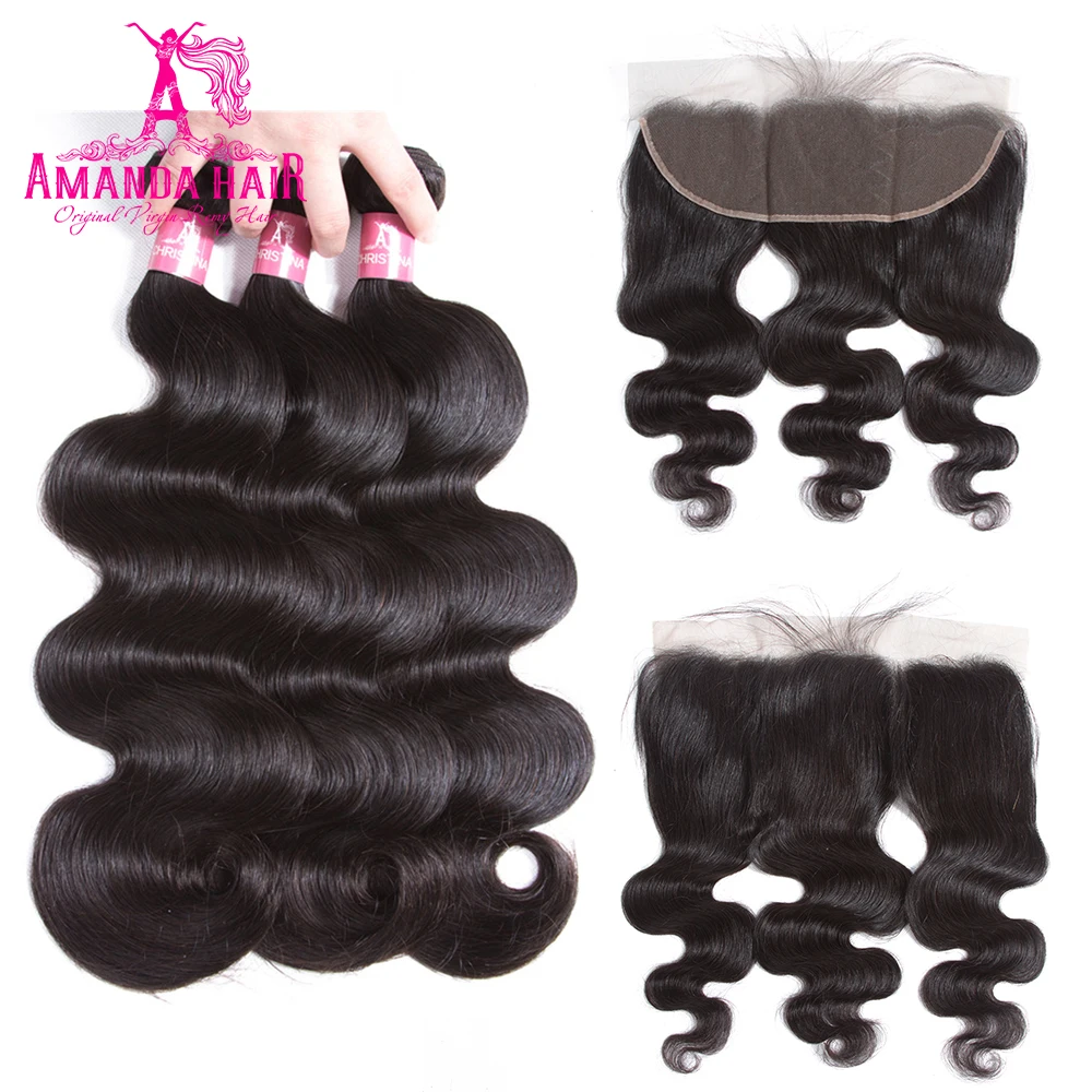 

Amanda Malaysian Body Wave Hair Bundles with Frontal 130% Density 3 Bundles Human Hair Weft with 13x4 Closure Prepluck Hairline